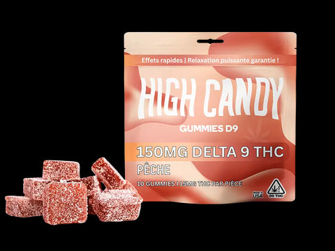 Gummies THC 15 mg goût Pêche – 100 % naturels, vegan, sans synthèse – Made in USA – 100% Légal en France – HighCandy.fr